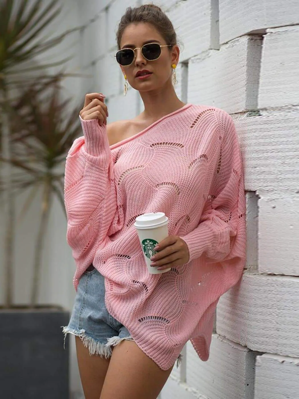 Loose Batwing Sleeve Hollow Out Knit Sweater Top