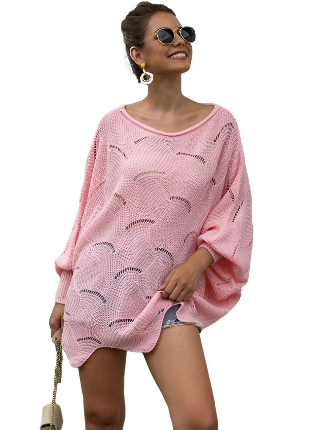 Loose Batwing Sleeve Hollow Out Knit Sweater Top