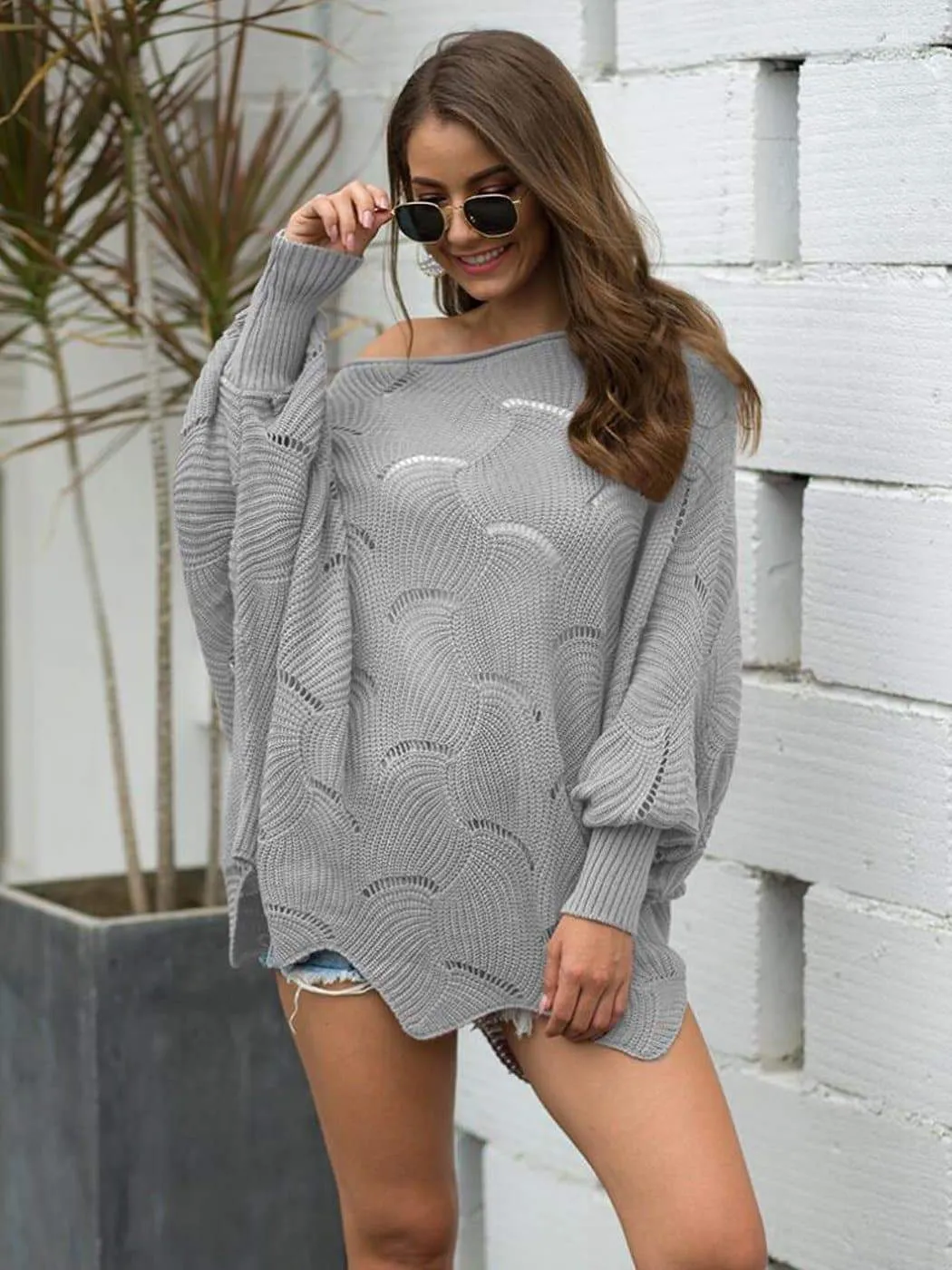 Loose Batwing Sleeve Hollow Out Knit Sweater Top