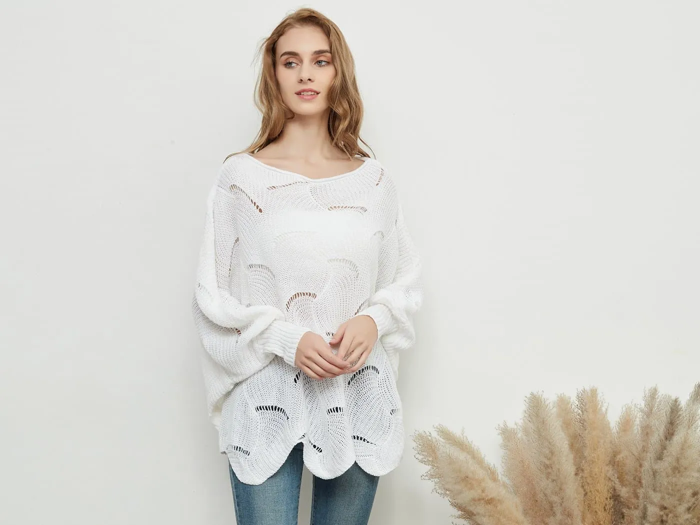 Loose Batwing Sleeve Hollow Out Knit Sweater Top