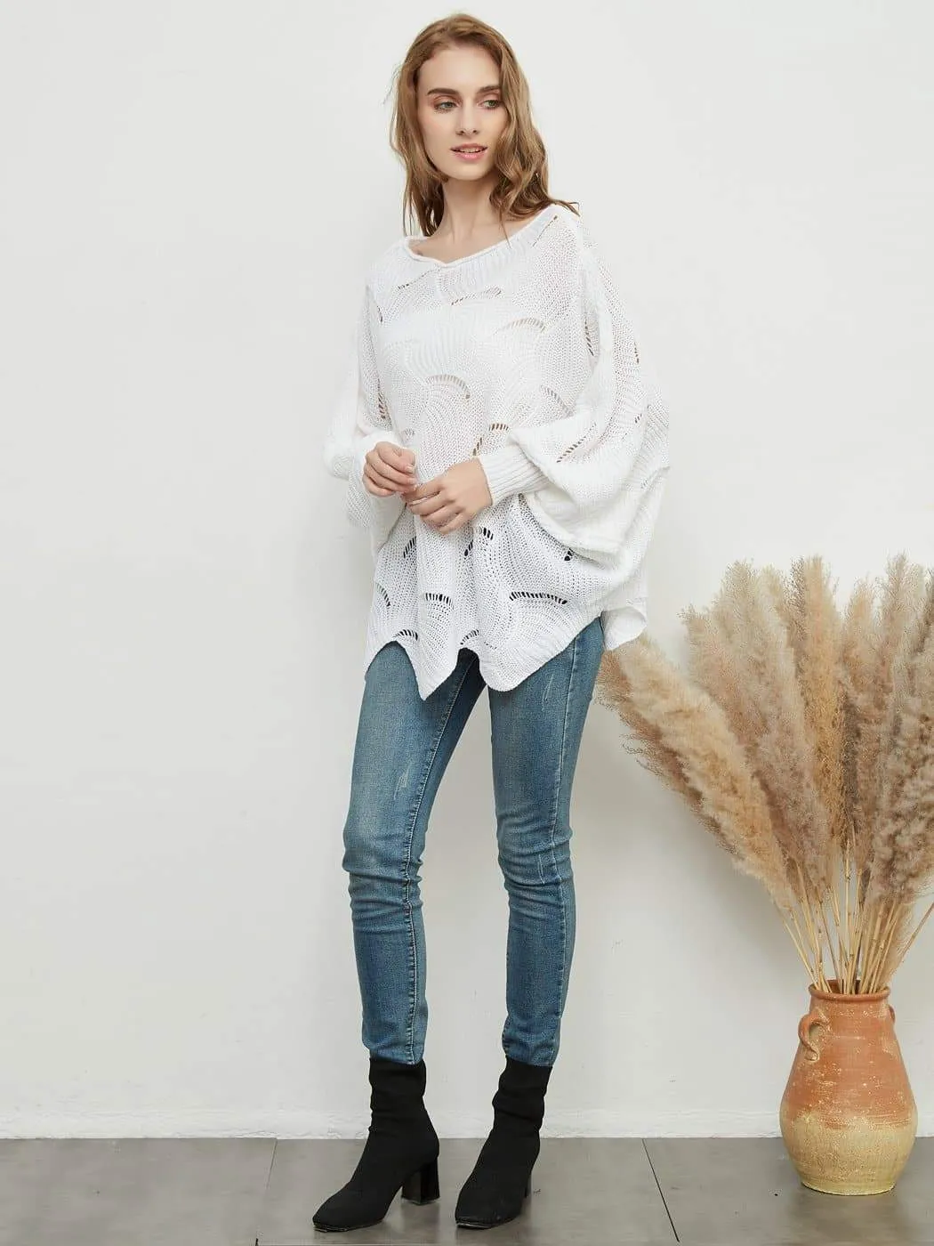 Loose Batwing Sleeve Hollow Out Knit Sweater Top