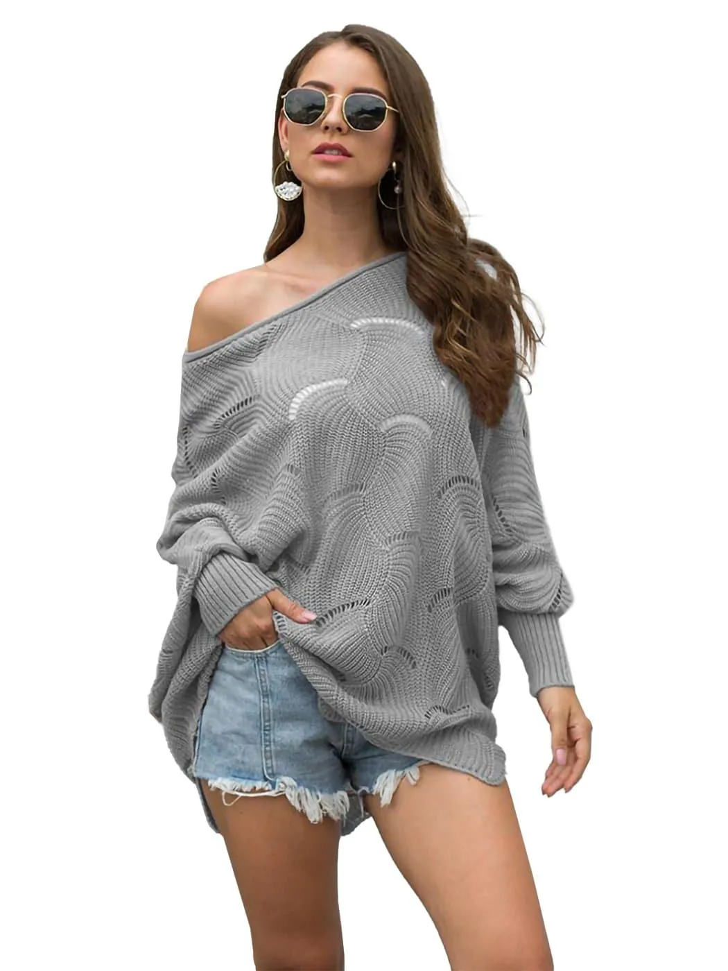 Loose Batwing Sleeve Hollow Out Knit Sweater Top