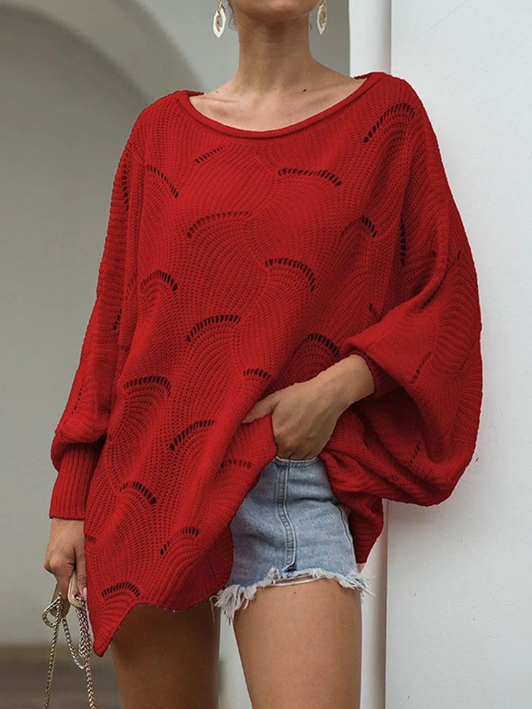 Loose Batwing Sleeve Hollow Out Knit Sweater Top