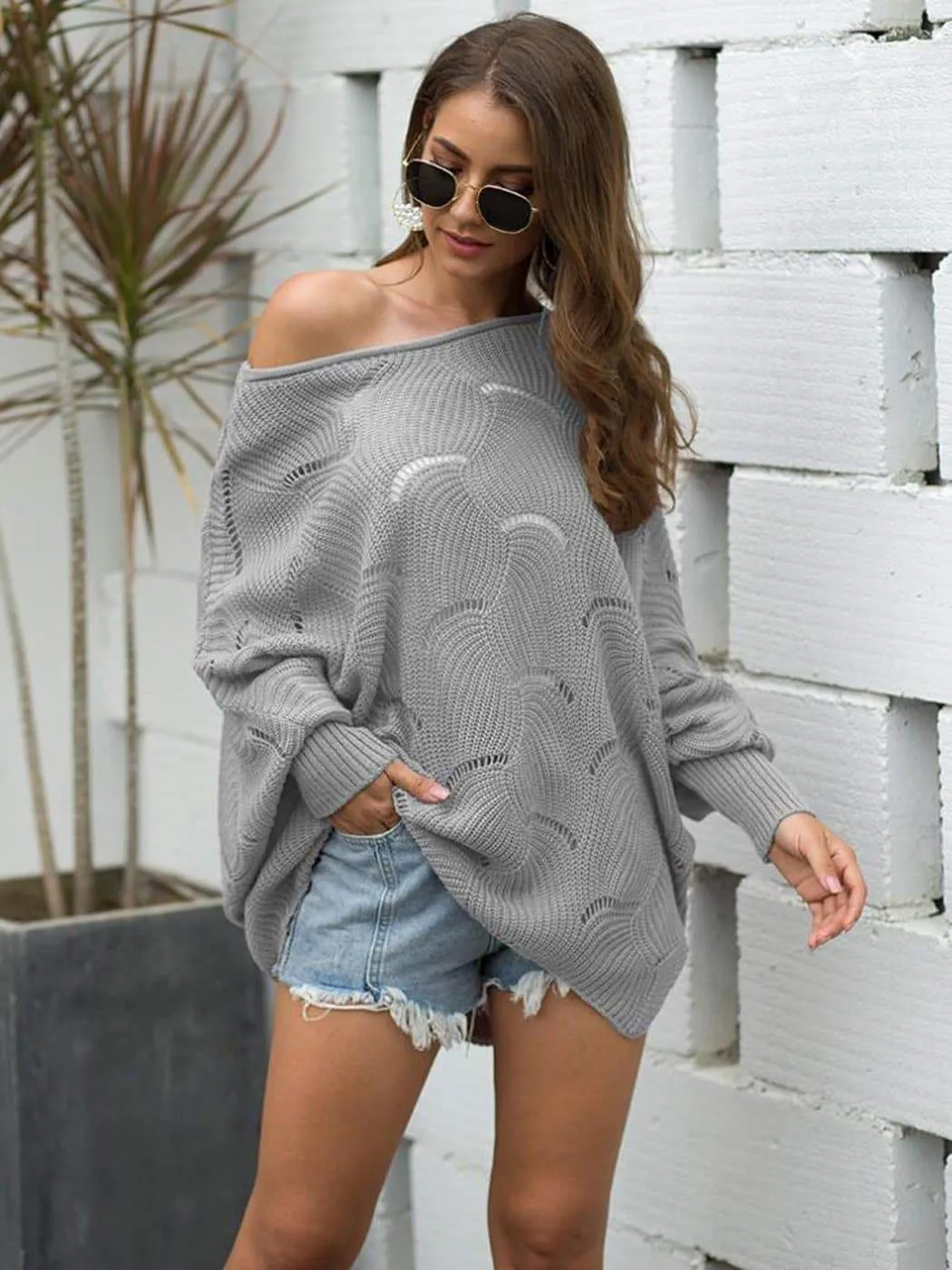 Loose Batwing Sleeve Hollow Out Knit Sweater Top