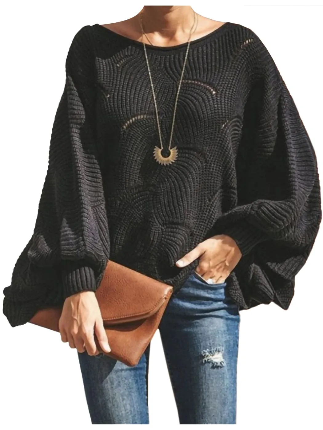 Loose Batwing Sleeve Hollow Out Knit Sweater Top