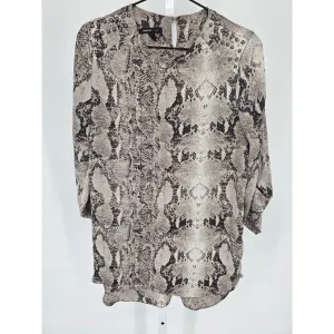 Mango Womens Sz 4 Long Sleeve Tunic blouse Snakeskin Print Studded Shoulders