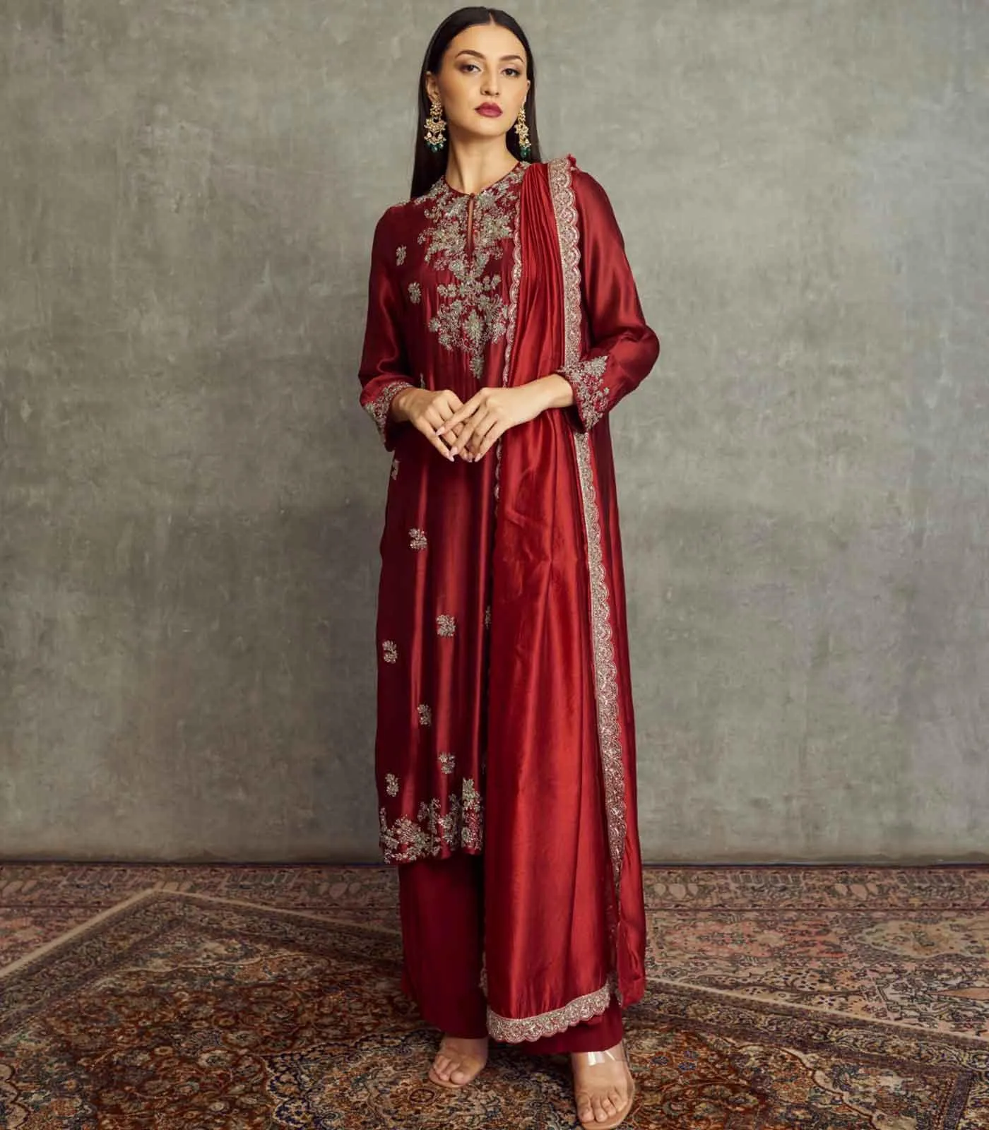 Maroon Embroidered Tunic Set