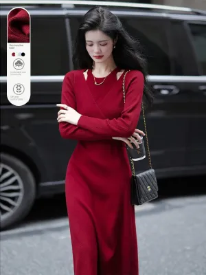 Meizishule Merino Wool Long Sleeve Knitted Dress