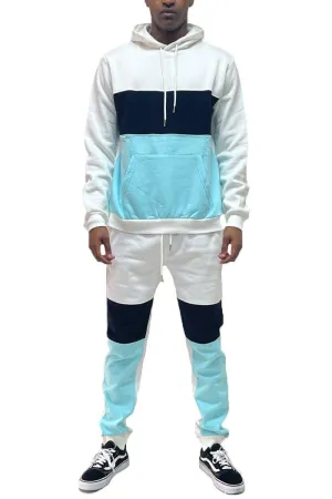 Mens Blue Multi Color Block Pullover Hoodie Sweat Pants Set