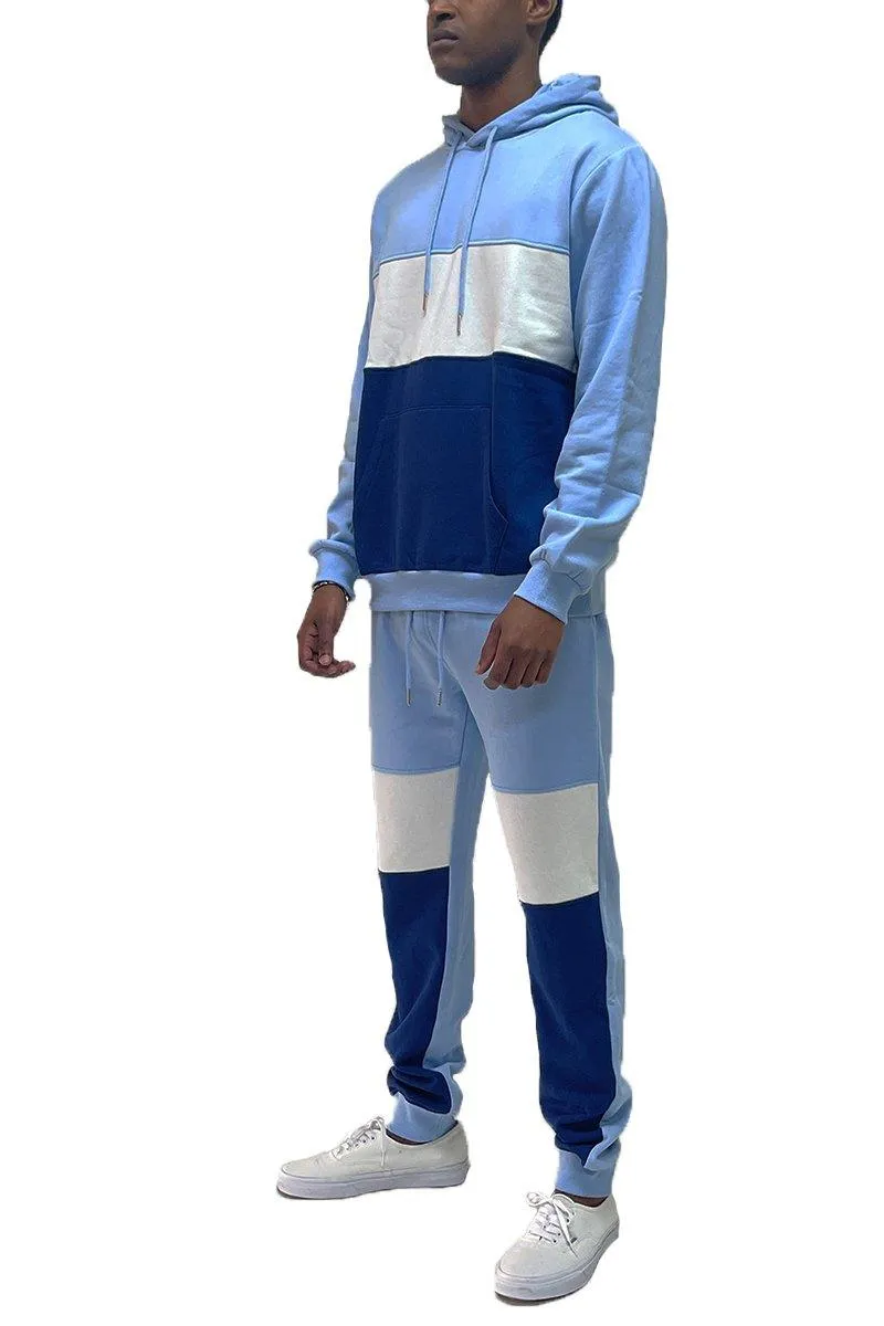 Mens Blue White Color Block Pullover Hoodie Sweat Pants Set