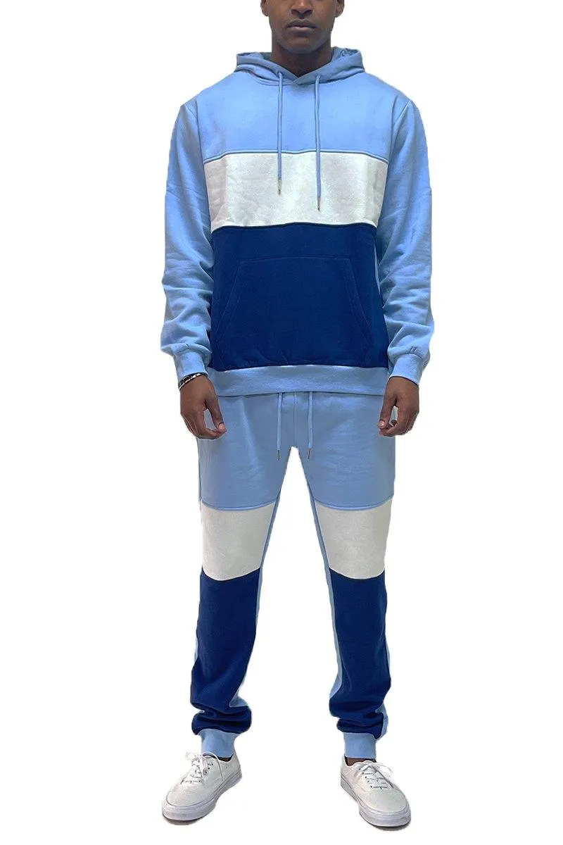 Mens Blue White Color Block Pullover Hoodie Sweat Pants Set