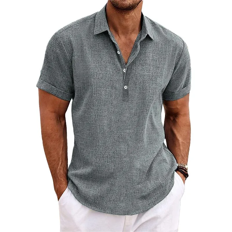 Men's Lapel Short Sleeve Cotton Linen Shirt 25671024Z