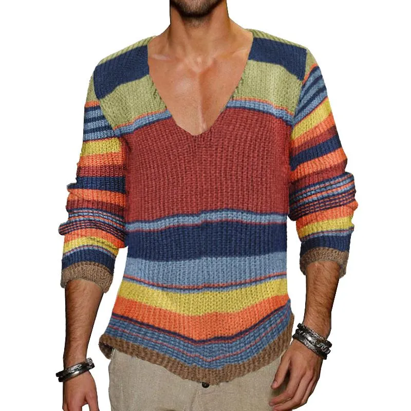 Men's Vintage Rainbow Stripe V-Neck Knit Sweater 10689080X