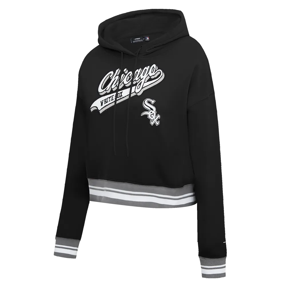 MLB CHICAGO WHITE SOX SCRIPT TAIL WOMEN'S RIB FLC CROPPED PO HOODIE (BLACK/GRAY)