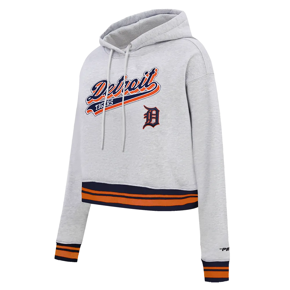 MLB DETROIT TIGERS SCRIPT TAIL WOMEN'S RIB FLC CROPPED PO HOODIE (HEATHER GREY/MIDNIGHT NAVY/ORANGE)