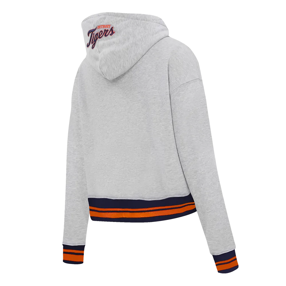 MLB DETROIT TIGERS SCRIPT TAIL WOMEN'S RIB FLC CROPPED PO HOODIE (HEATHER GREY/MIDNIGHT NAVY/ORANGE)