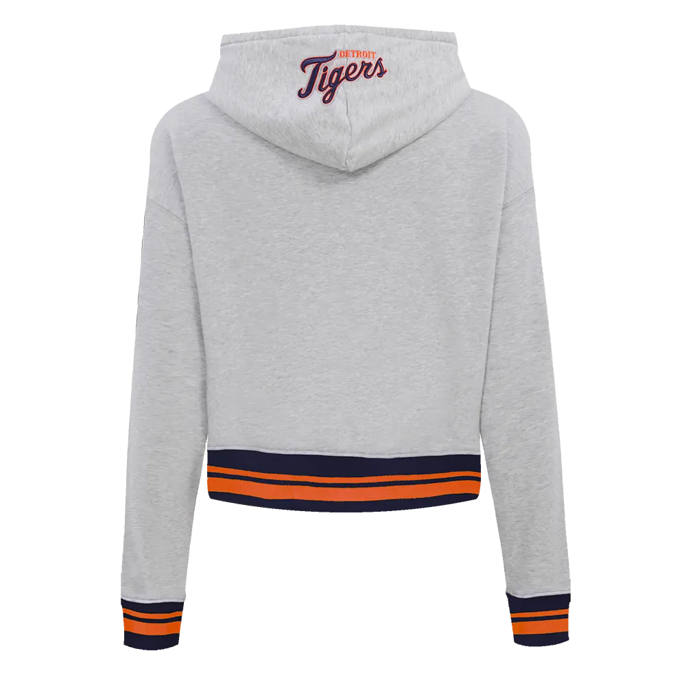 MLB DETROIT TIGERS SCRIPT TAIL WOMEN'S RIB FLC CROPPED PO HOODIE (HEATHER GREY/MIDNIGHT NAVY/ORANGE)