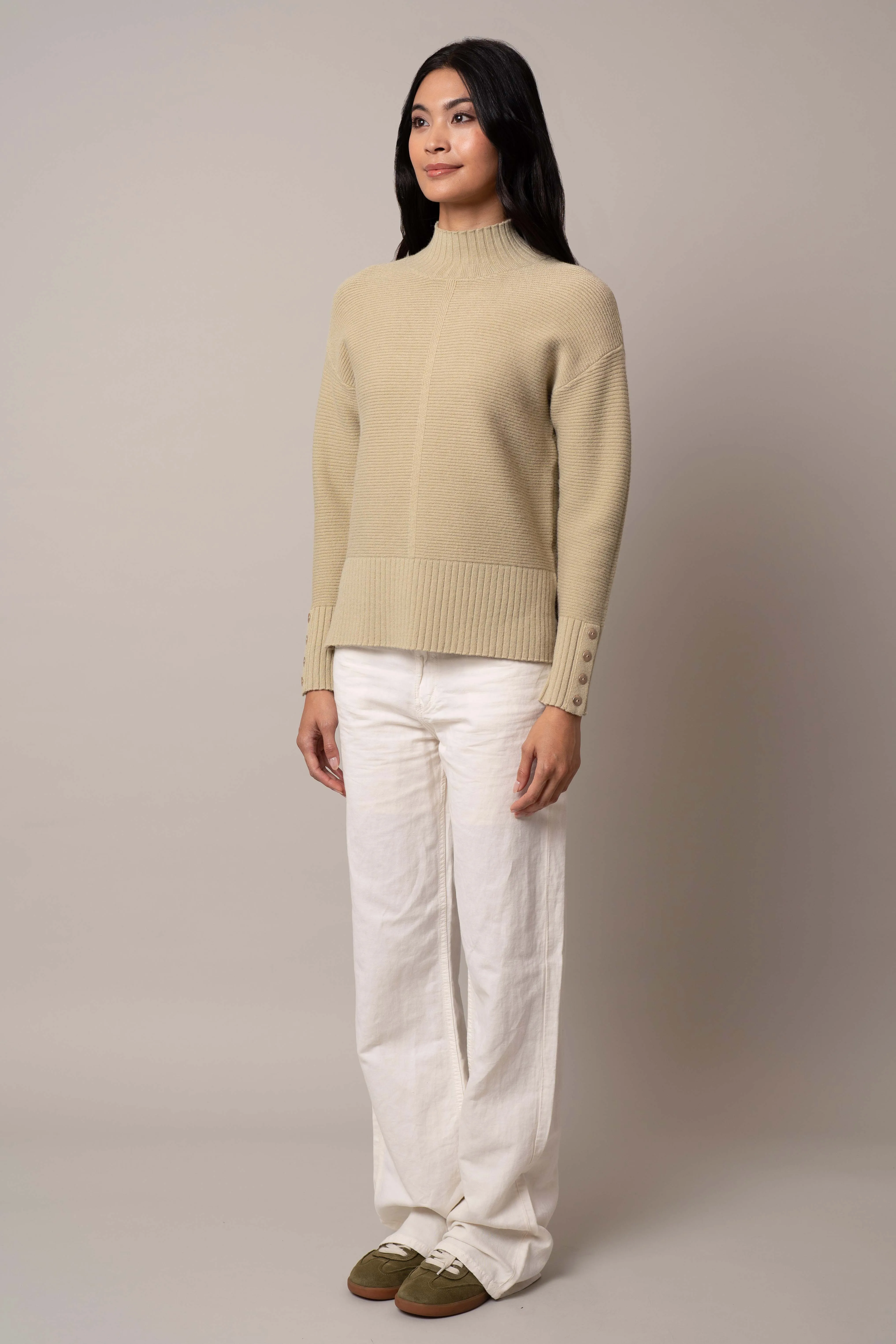 Mock Neck Pullover with Button Cuff