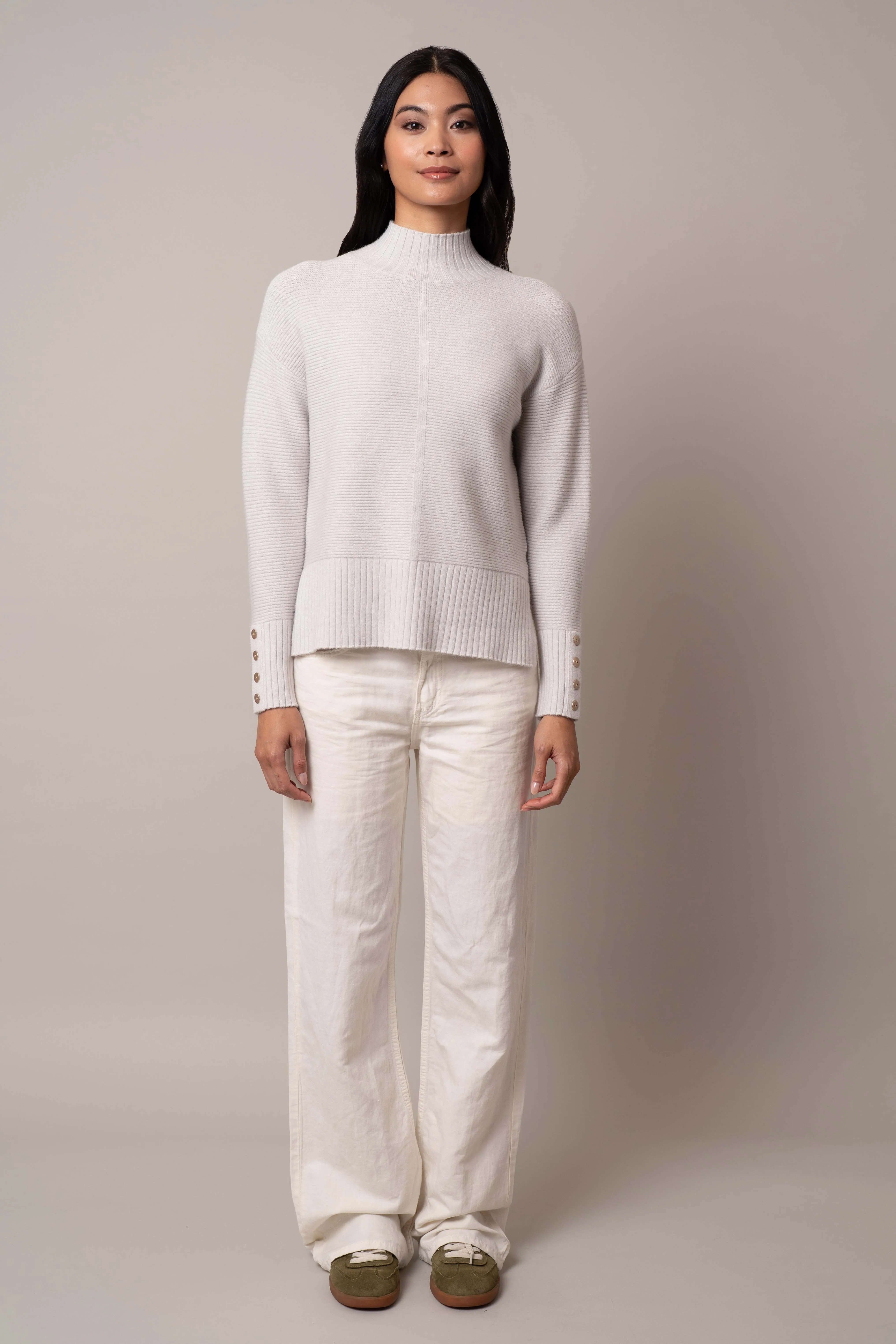 Mock Neck Pullover with Button Cuff