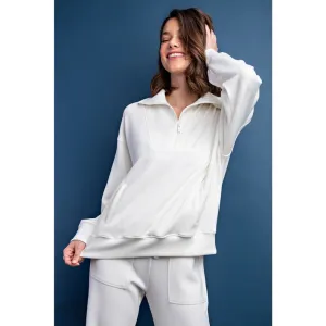 Modal Poly Span Quarter Zip Funnel Neck Pullover Cream