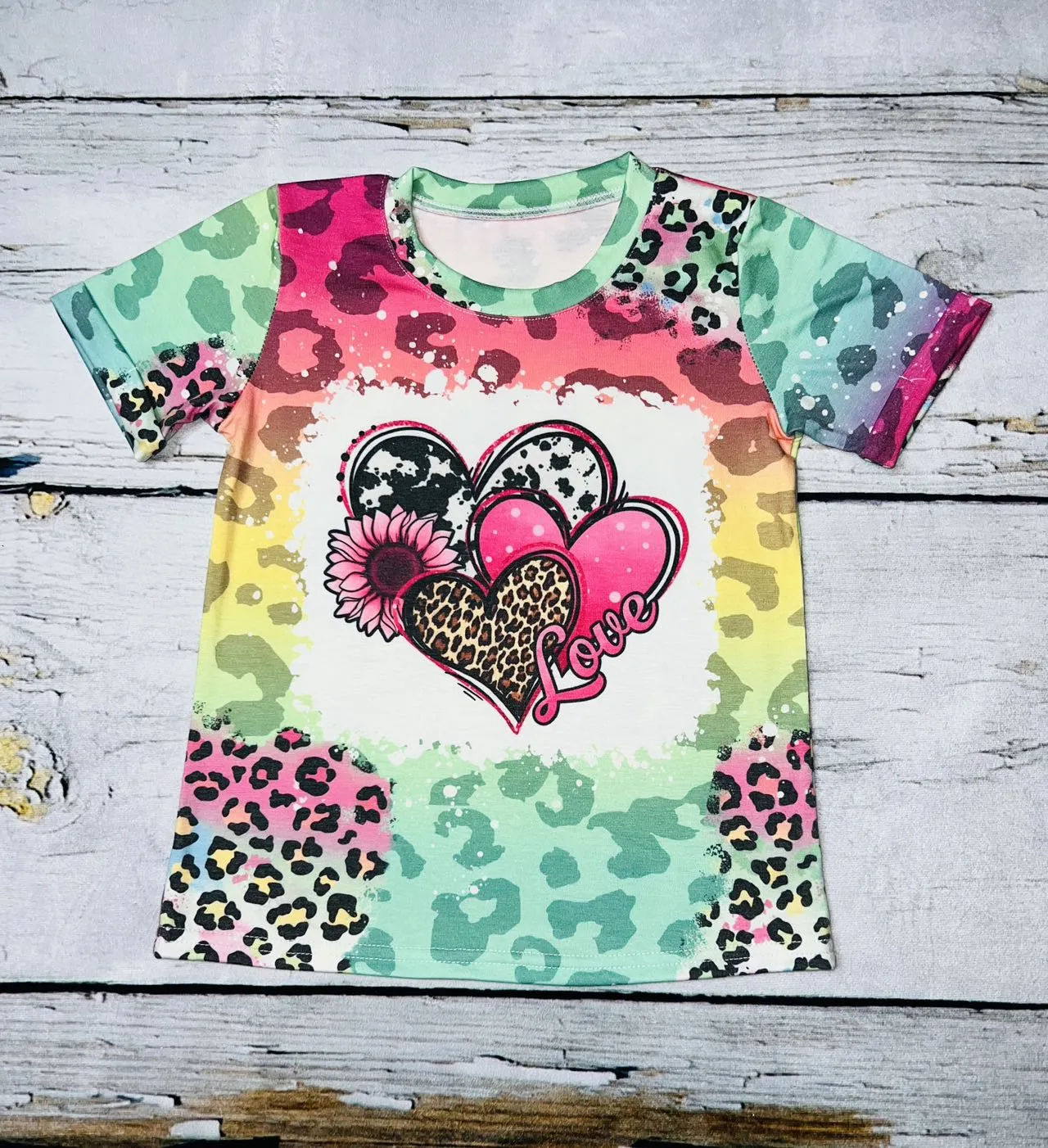 Multicolor animal print with hearts, sunflower, and love logo t-shirt DLH1212-2