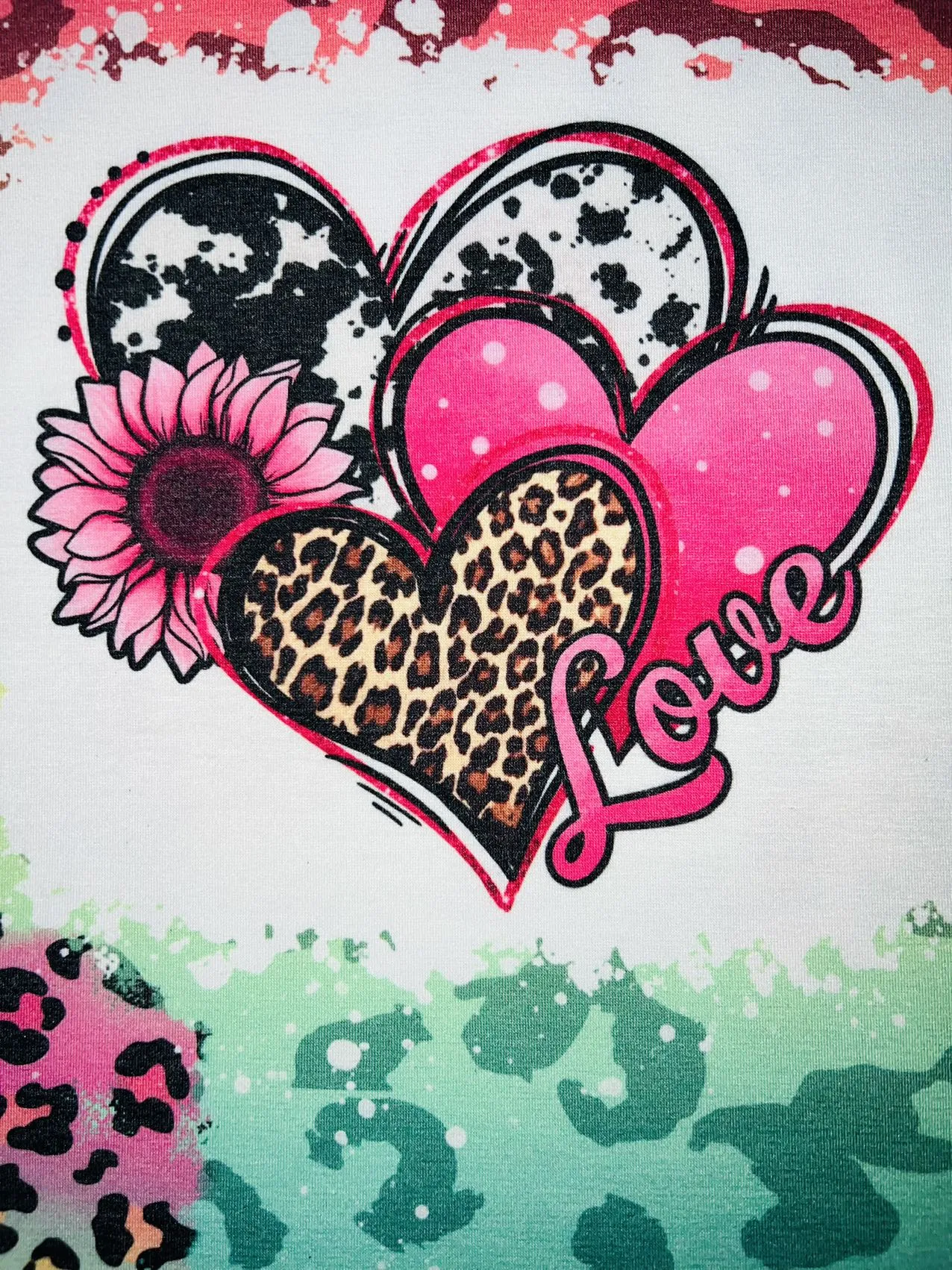 Multicolor animal print with hearts, sunflower, and love logo t-shirt DLH1212-2