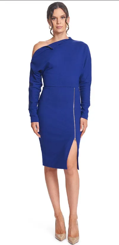 Nairobi Asymmetric Long Sleeve Zipper detail Midi Dress