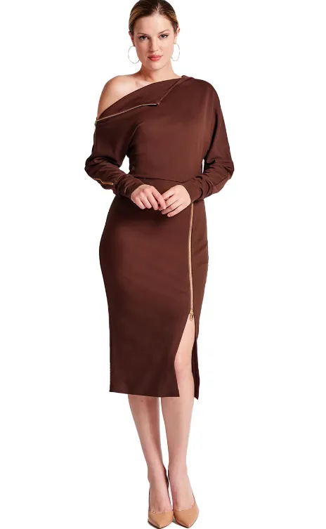 Nairobi Asymmetric Long Sleeve Zipper detail Midi Dress