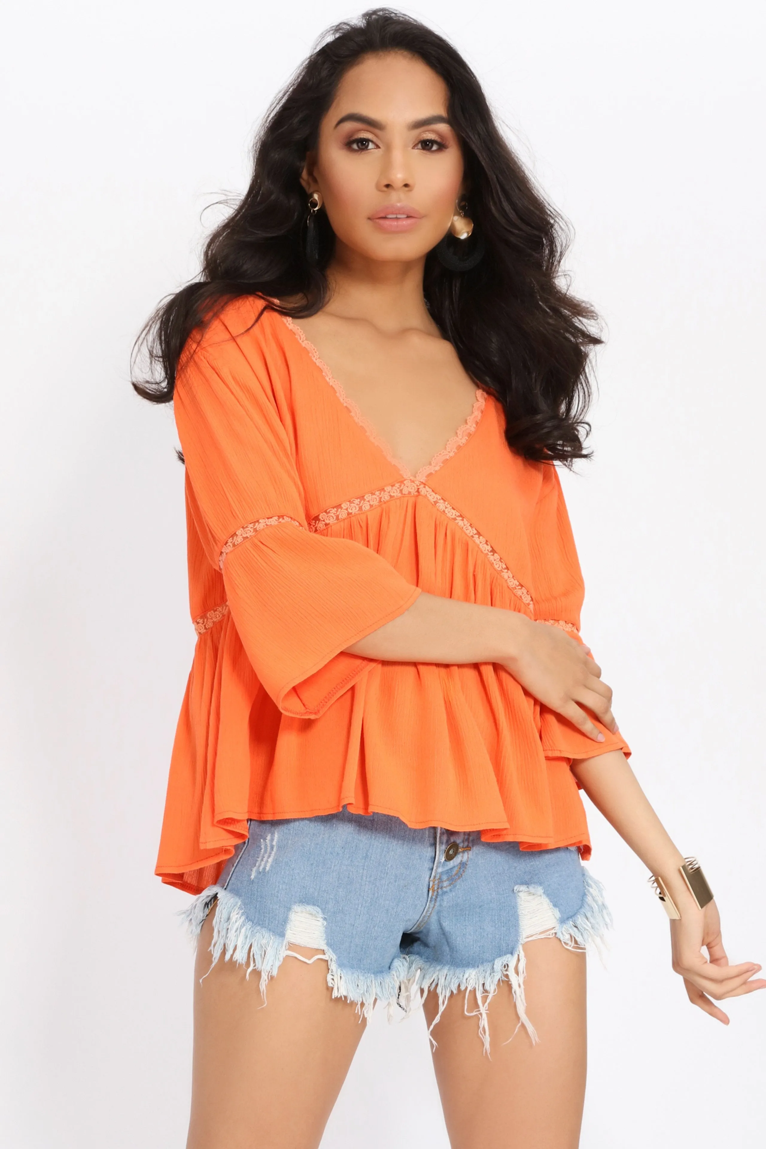 Orange Lace Trim V Neck Tunic