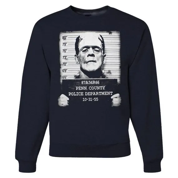 Pins & Bones Frankenstein Crewneck, Frankenstein Mug Shot, Classic Monster Pullover Sweater