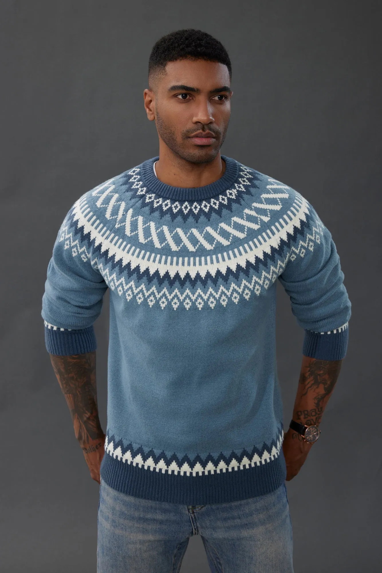 PJ Paul Jones Men's Fair Isle Crewneck Sweater Vintage Casual Pattern Knit Long Sleeve Pullover Sweater