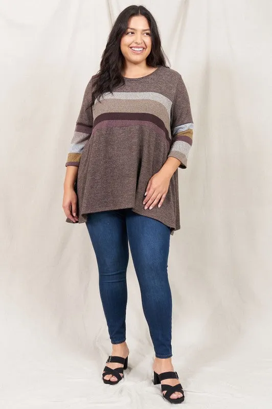 Plus Size Knit Stripe Panel A Line Tunic