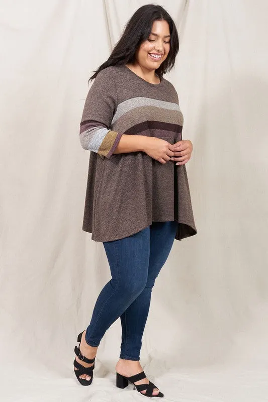 Plus Size Knit Stripe Panel A Line Tunic