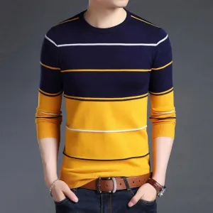 Pullover Striped Slim Fit Jumpers Knitted Woolen Autumn Korean Style Casual Men Long Sleeve Shirt