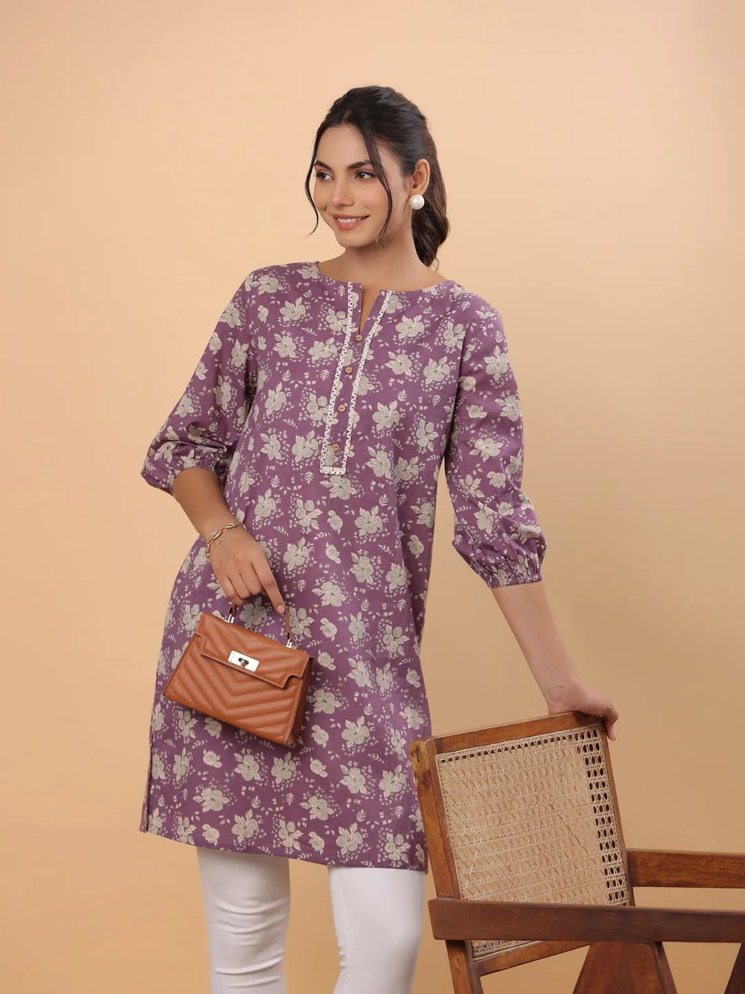 Purple Cotton Floral Tunic  - By Janasya