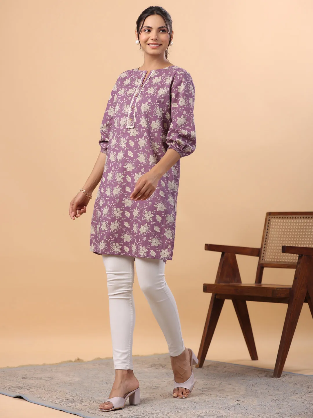 Purple Cotton Floral Tunic  - By Janasya