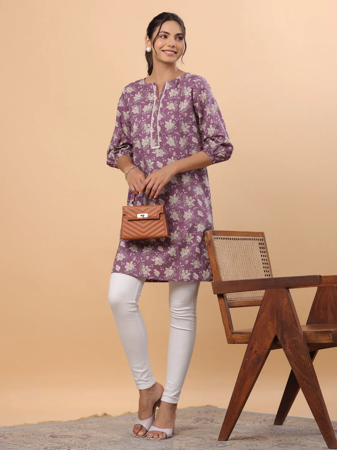 Purple Cotton Floral Tunic  - By Janasya