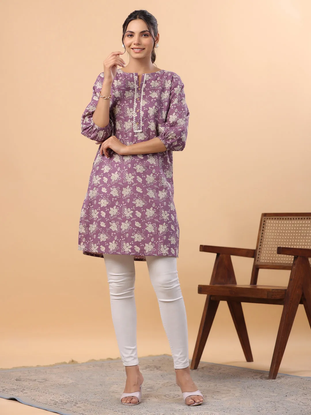 Purple Cotton Floral Tunic  - By Janasya