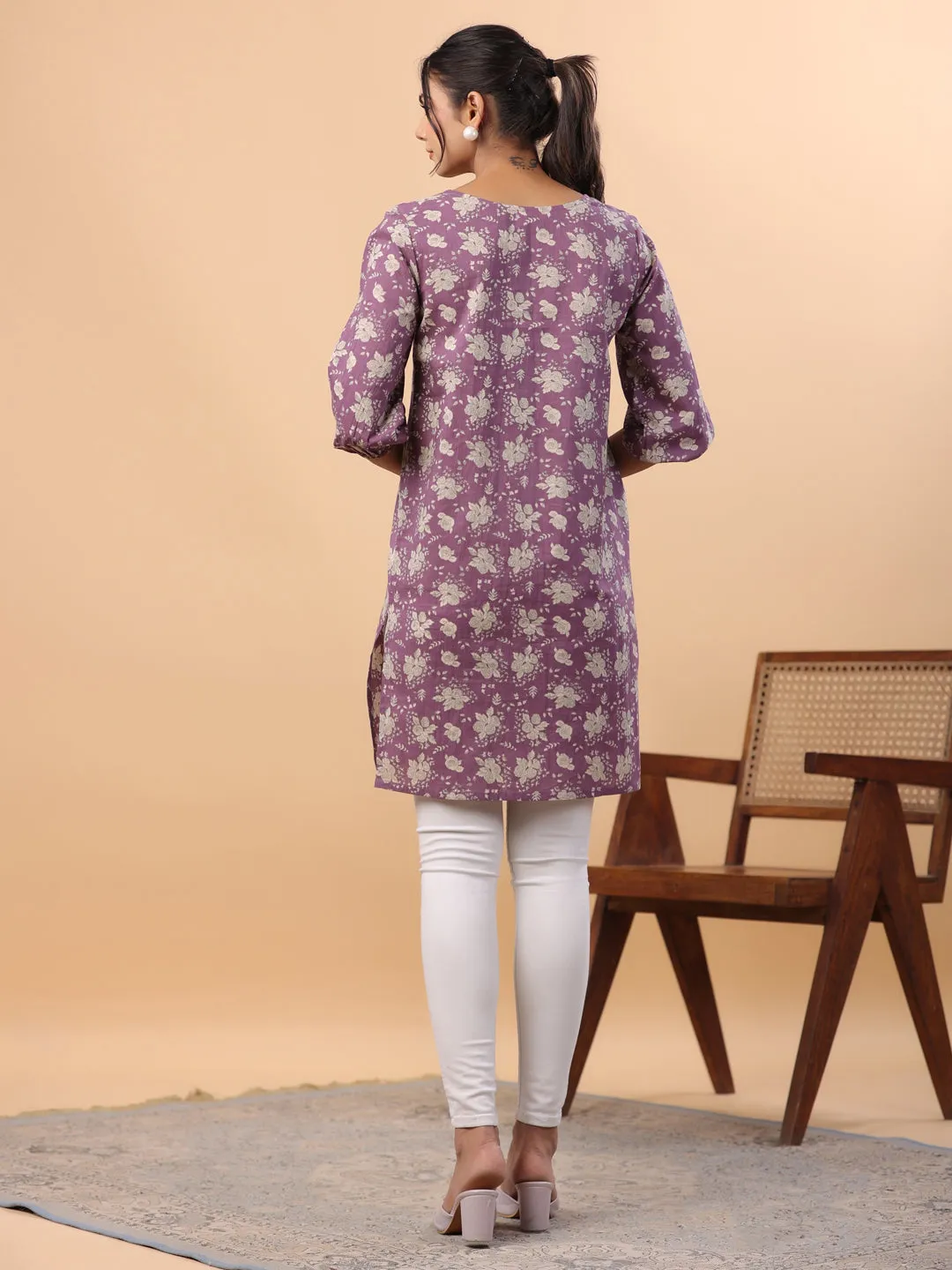 Purple Cotton Floral Tunic  - By Janasya