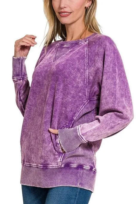 Purple Mineral Wash Pocket Sweatshirt