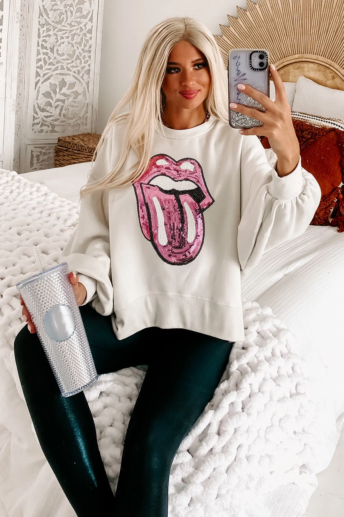 "Shine A Light" Sequin Tongue Pullover (Cream)