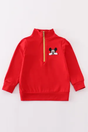 Red character embroidery boy zipper pullover