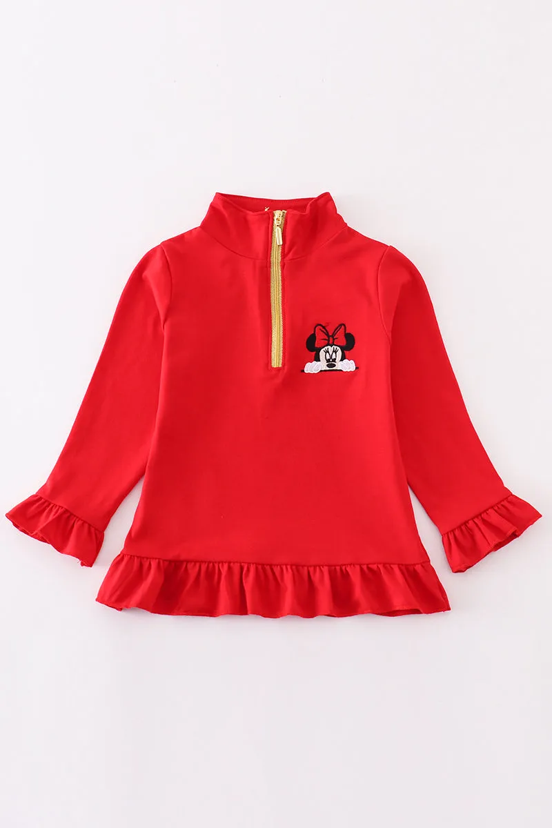 Red character embroidery girl zipper pullover