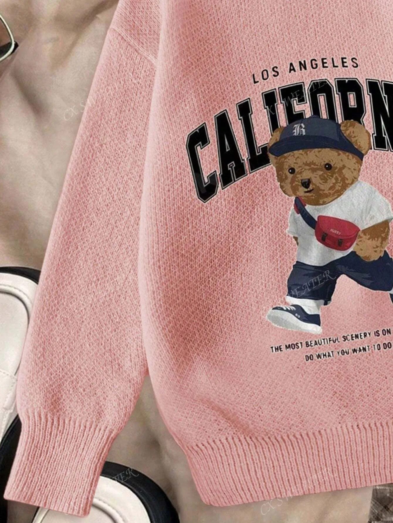 Red pullover sweater women's|Women's Casual Warm Pink Bear Digital Printing Round Neck Pullover Sweater