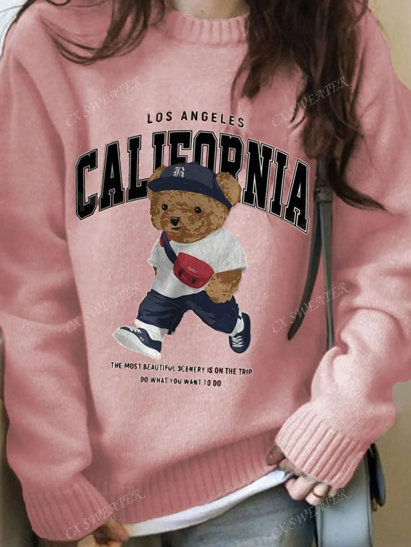 Red pullover sweater women's|Women's Casual Warm Pink Bear Digital Printing Round Neck Pullover Sweater