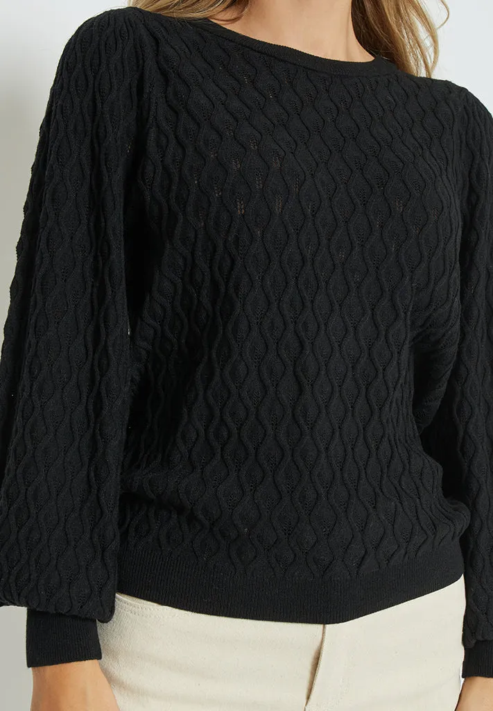 Rosalia Puff Sleeve Knit Pullover - Black