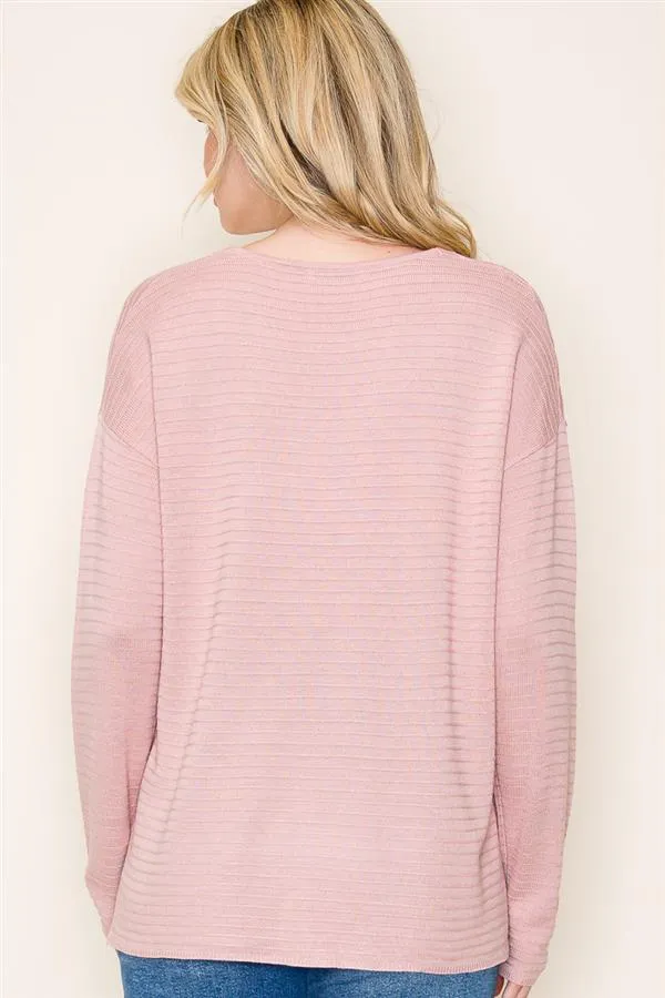 Rose Ribbed Vneck Pullover