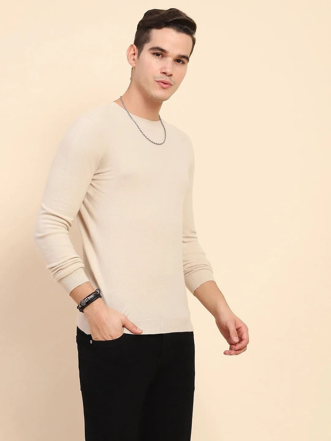 Sand Brown Wool Blend Knit Winter Wear Pullover