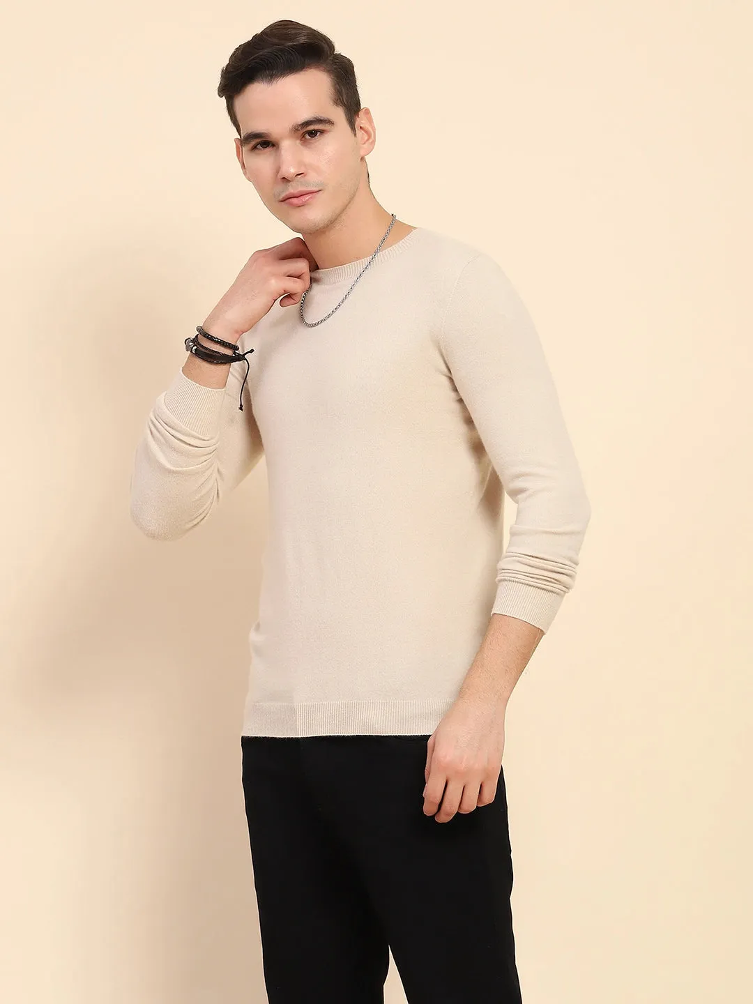 Sand Brown Wool Blend Knit Winter Wear Pullover