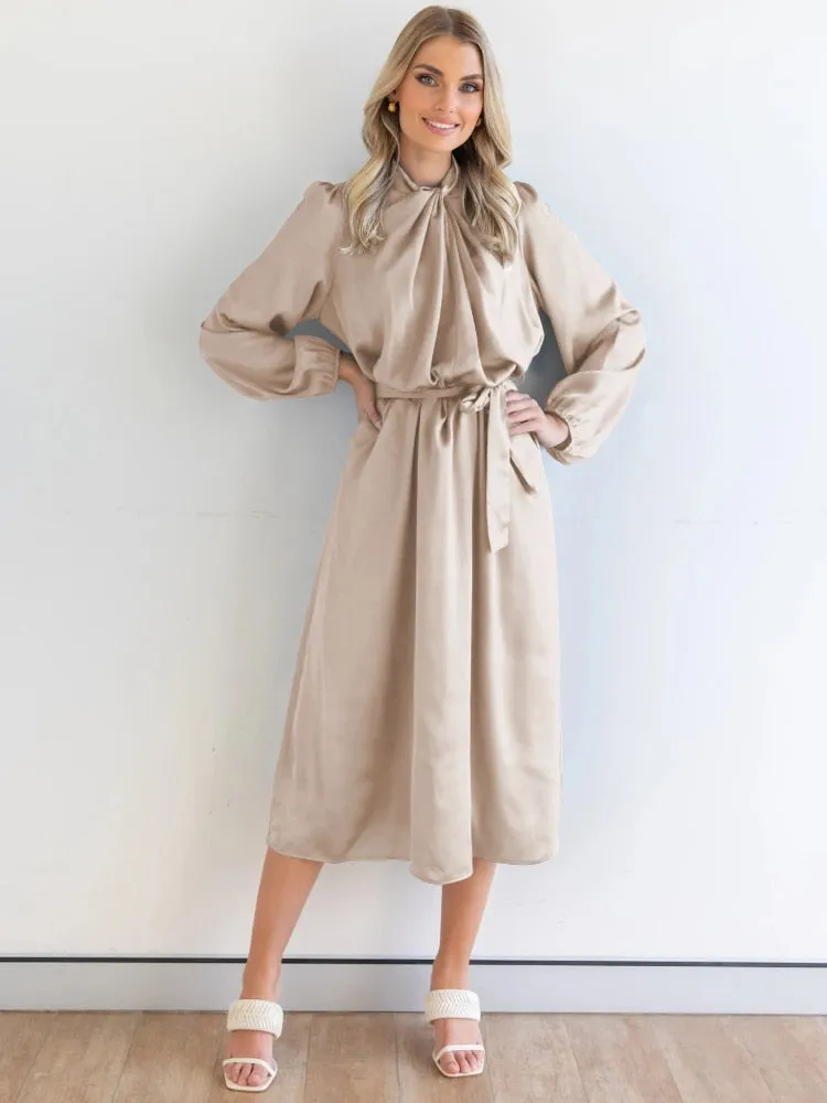 Satin Elegant French Dress Stylish Temperament Long Sleeve Skirt Banquet Dress Formal Occasion Dresses 2023 New Women Clothing